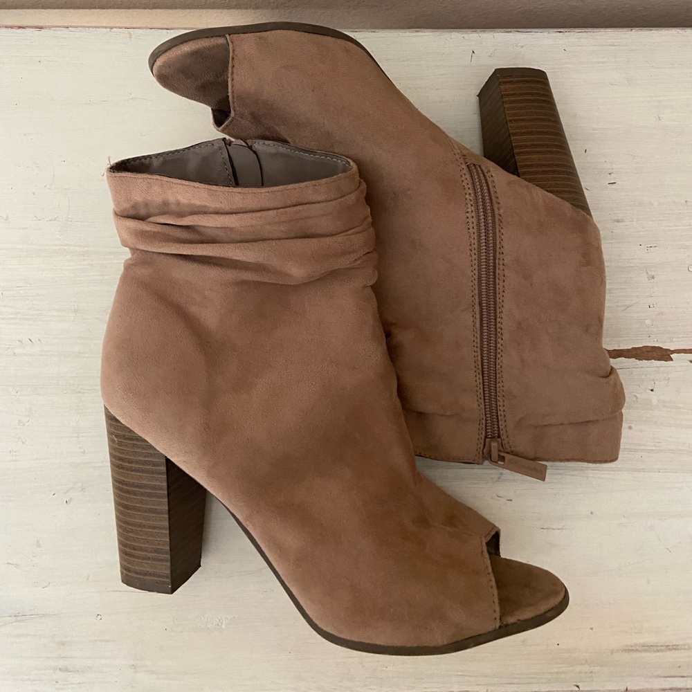 Breckelles Tan Faux Suede Open Toe Heeled Boots